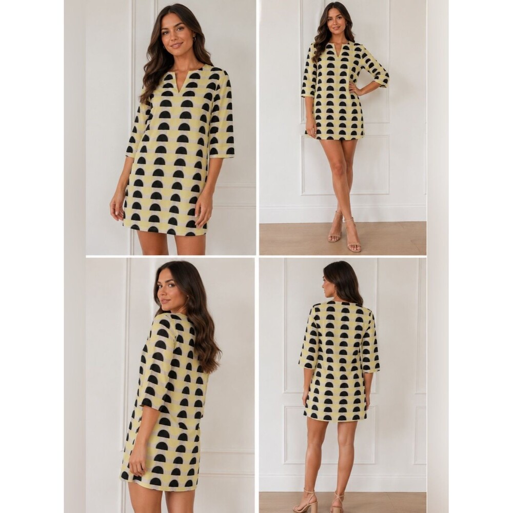 VESE Geometric Shift Dress Black Yellow 3/4 Sleeve Mini Dress Size M